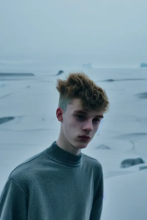 Image similar to high quality pastel coloured film mid angle selfie photograph of a beautiful young 2 0 year old male, soft features, standing in an icelandic black rock environment. atmospheric. three point light. photographic. art directed. ( pastel colours ). volumetric light. stark. waves glitch. 8 k. filmic.