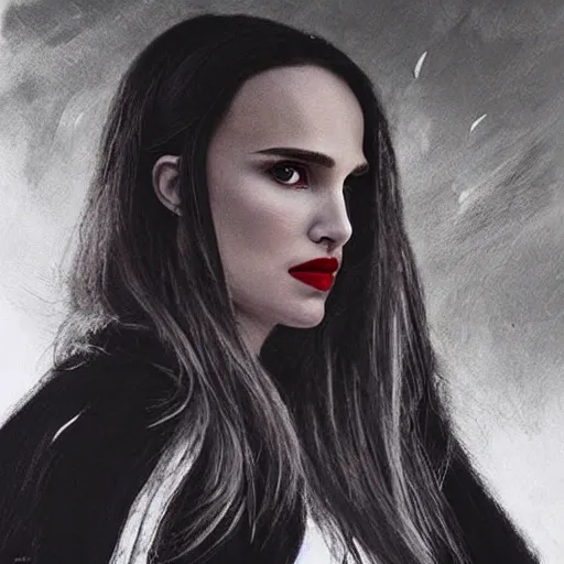 Image similar to “Natalie Portman portrait, red black white colors, long white hair, space on the background, red eyes”