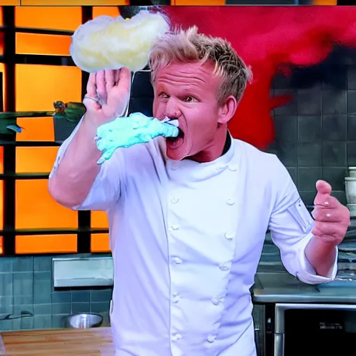 Image similar to < photo hd trending > gordon ramsey literally foaming at the mouth with hunger after seeing a gigantic bowl of spaghetti < / photo >