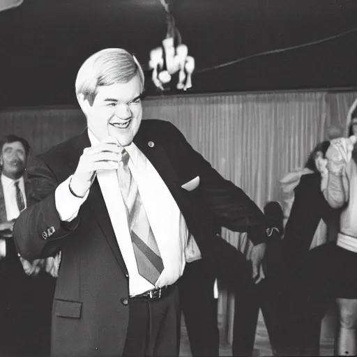 Prompt: Former House Speaker Newt Gingrich dancing his heart out. CineStill