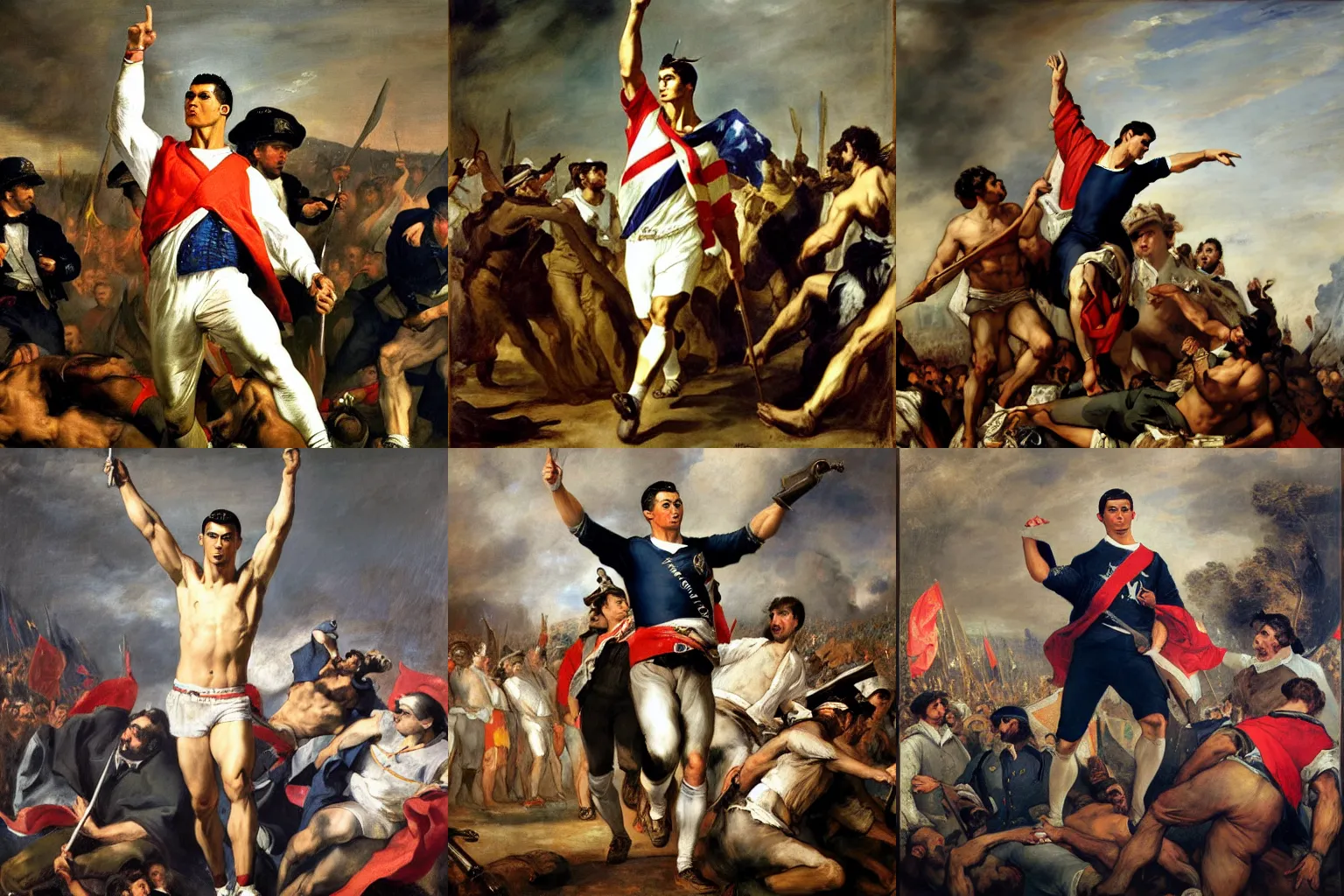 Prompt: Portrait of Cristiano Ronaldo as Liberty Leading the People by Eugène Delacroix, masterpiece 4k digital, highly detailed, trending on artstation, award winning