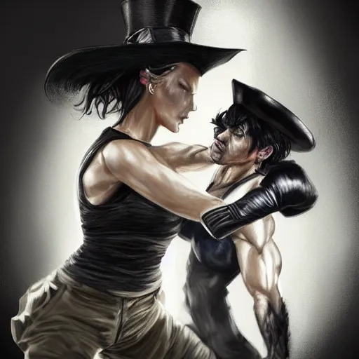 Prompt: an action photo of a black haired woman in a black tank top punching a man in a top hat, muscular upper body, abs, d & d, fantasy, intricate, elegant, highly detailed, digital painting, artstation, concept art, smooth, sharp focus, illustration