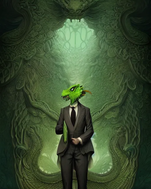 Image similar to anthropomorphic art of a businessman dragon, green dragon, portrait, victorian inspired clothing by artgerm, victo ngai, ryohei hase, artstation. fractal papers and books. highly detailed digital painting, smooth, global illumination, fantasy art by greg rutkowsky, karl spitzweg