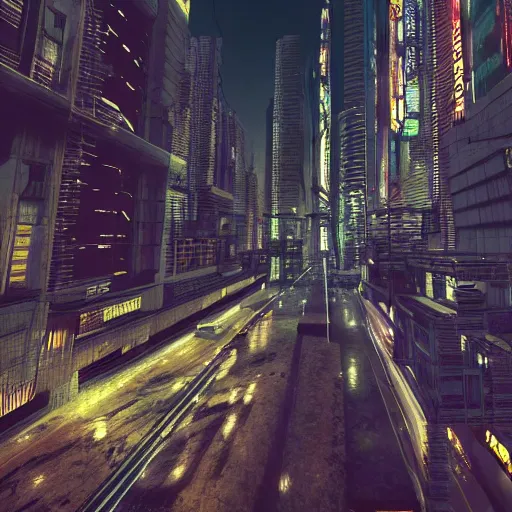 Image similar to a hyperrealistic cyberpunk city at night, extreme wide shot