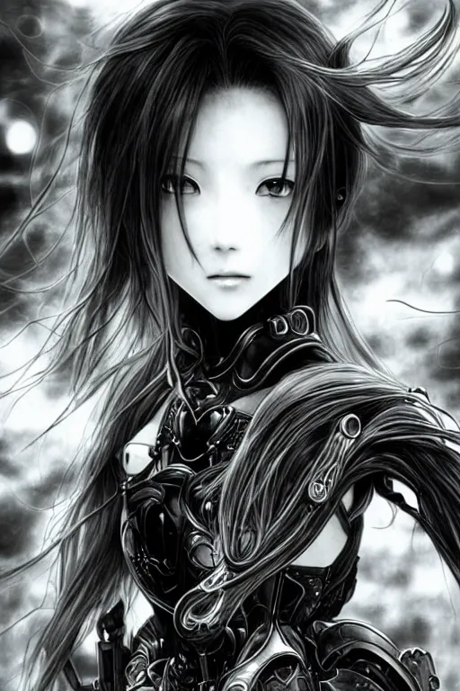 Image similar to a vertical portrait of a character in a scenic environment by Yoshitaka Amano, black and white, dreamy, cybernetic armor, wavy long black hair, highly detailed