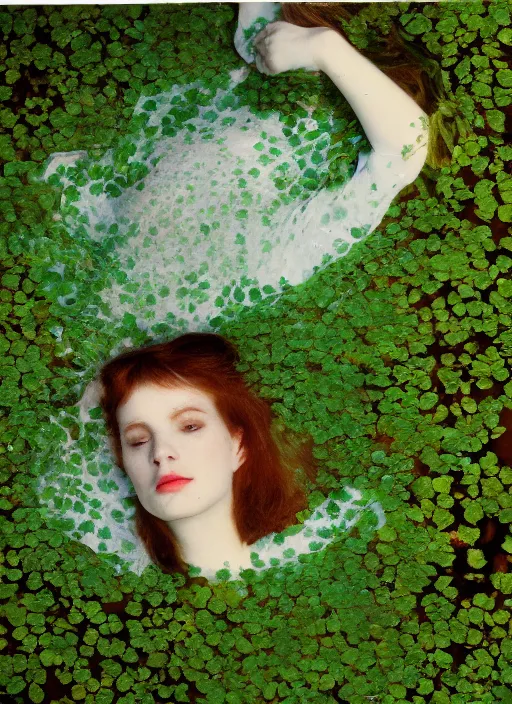 Image similar to lady laying under the river bed amongst the duck weed, underwater shot, submerged, medium shot, on the bed of the river preraphaelite colour photography, 8 k