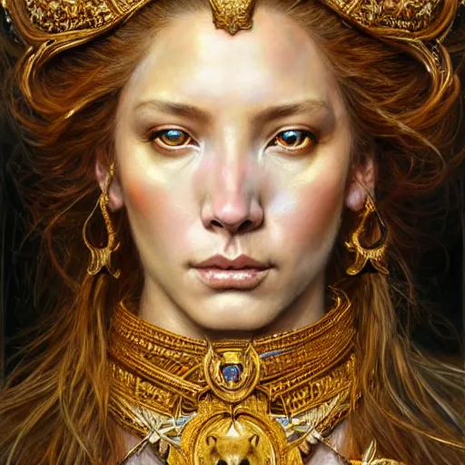 Image similar to highly detailed portrait of a majestic lioness queen in the form of a beautiful woman. d & d. art by donato giancola, ayami kojima, ruan jia, martin schoeller. trending on artstation, intricate details, energetic composition, golden ratio, concept art, illustration, elegant art, global illuminaition