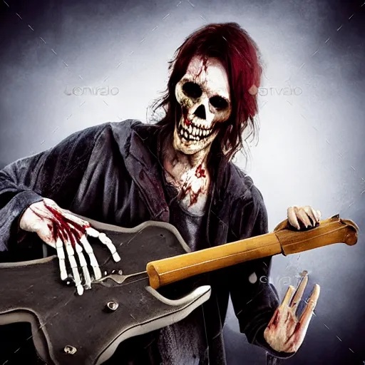 Prompt: zombie musician playing music for the dead, 8k, zombies, skeletons, ghosts, boo, realistic,