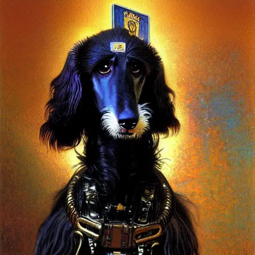 Prompt: portrait of a male furry afghan hound dog in a police uniform. shadowrun furaffiniy cyberpunk fantasy highly detailed painting by gaston bussiere craig mullins jc leyendecker gustav klimt artgerm greg rutkowski john berkey, bergey, craig mullins, ruan jia, raymond swanland, jeremy mann, tom lovell, alex malveda