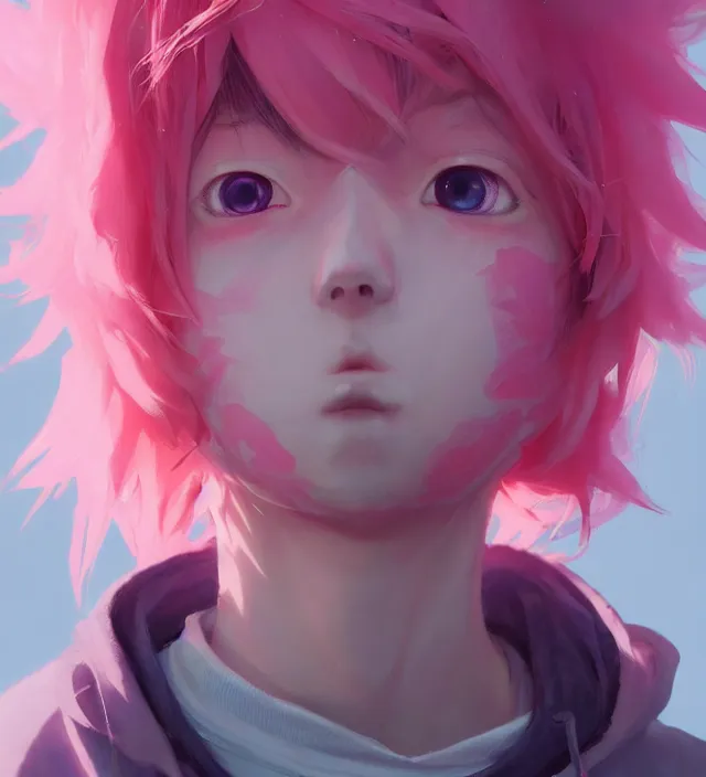 Image similar to a beautiful portrait of a cute anime boy with pink hair wearing a hoodie. character design by cory loftis, fenghua zhong, ryohei hase, ismail inceoglu and ruan jia. artstation, volumetric light, detailed, photorealistic, rendered in octane