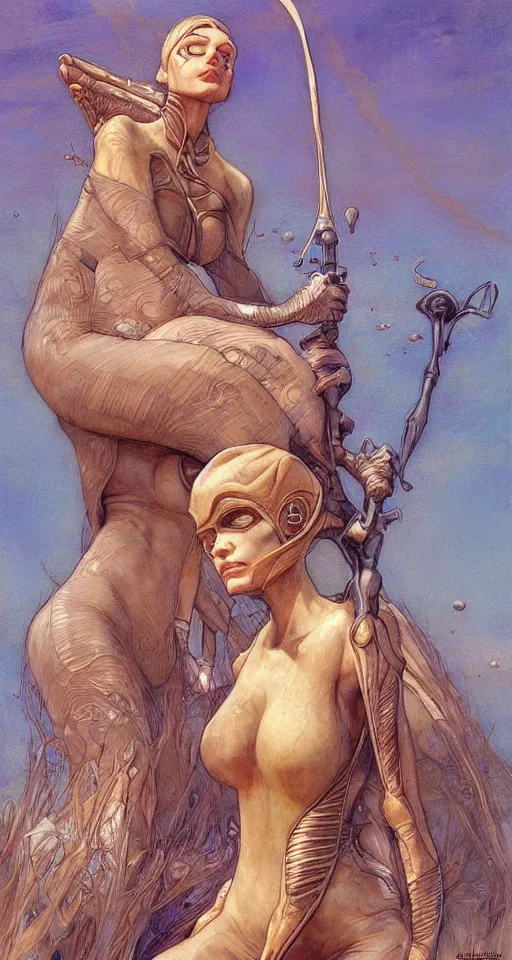 Image similar to beautiful female fremen on dune, by edgar maxence artgerm ross tran and michael whelan and gustav klimpt