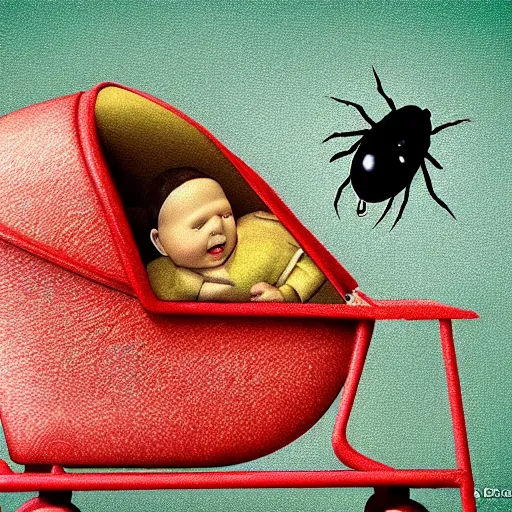 Prompt: a fly pushing a baby maggot in a pram realistic cinematic 3 5 mm hdr 8 k