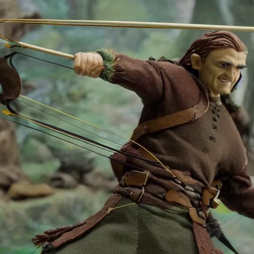 Prompt: Claymation of Legolas drawing an archery-bow against an orc