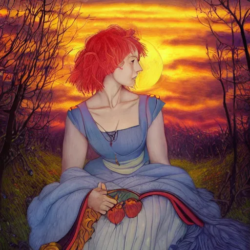 Prompt: Classical oil painting of Elsa Beskow at sunset by Dan Mumford, beautiful anime portrait, official artwork, stylistic, Touhou character, brush strokes, oil, canvas