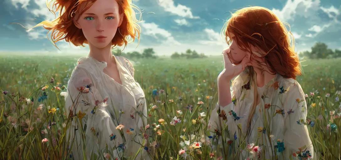 Image similar to a beautiful southern woman named Savannah, innocent, somber turquoise eyes, freckles, long ginger hair tied with white ribbon, relaxed in a field of flowers on a farm, gentle lighting, storm in the distance, western clothing, dress, digital art by Makoto Shinkai ilya kuvshinov and Wojtek Fus, digital art, concept art,