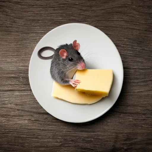 Image similar to a very cute rat happily holding cheese on a plate