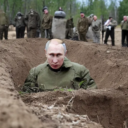 Image similar to Putin is sitting in a trench somewhere in Ukraine.