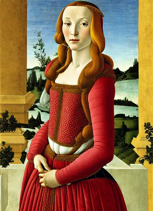 Prompt: portrait of young woman in renaissance dress and hennin, art by sandro botticelli