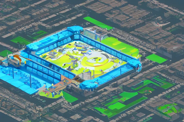 Image similar to isometric view of a futuristic high - tech sky arena inspired by modern skate parks and modern chinese playgrounds in the style of splatoon, day