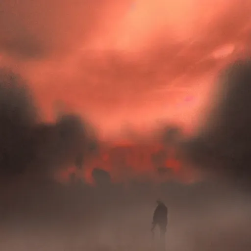 Prompt: hyper realism, realistic apocalyptic scene, black ground, red sky, battle scene from far away, dense fog