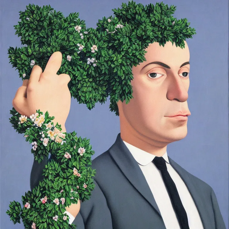 Image similar to portrait of man in a suit with flowers hiding his face by rene magritte, detailed painting, hd, hq, high resolution, high detail, 4 k, 8 k