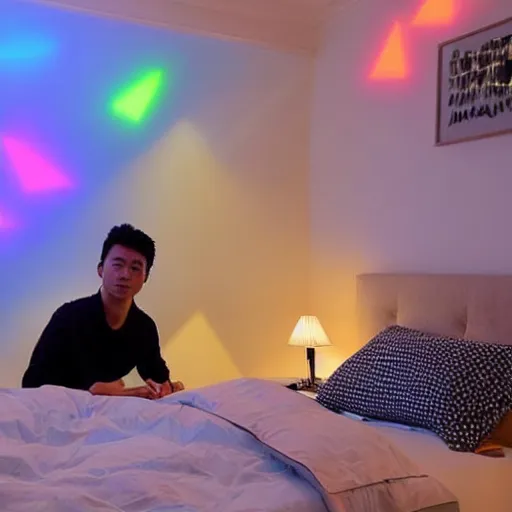 Image similar to a 2 5 year old asian daytrader standing proudly in front of triangular nanoleaf led lights on his bedroom wall