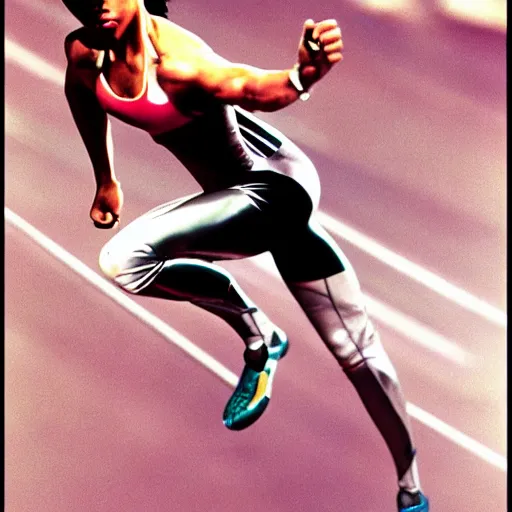 Image similar to Trinity the matrix, Female sprinter in athletic attire with cyborg legs, metal body, diesel punk, athletic footage, 1970's, olympics, cinematic, art deco