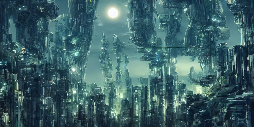 Prompt: human futuristic city, highly detailed, epic, si - fi, green, two moon on the sky, 8 k, sharp focus,