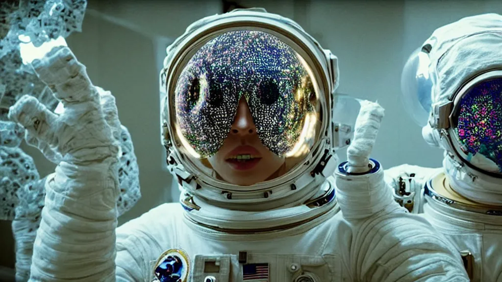 Image similar to a astronaut eva suit covered in diamond 3d fractal lace iridescent bubble 3d skin and covered with insectoid compound eye camera lenses floats through the living room, film still from the movie directed by Denis Villeneuve with art direction by Salvador Dalí, wide lens,