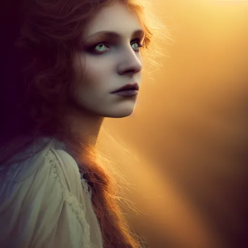 Image similar to photographic portrait of a stunningly beautiful gothic art nouveau female in soft dreamy light at sunset, god rays, contemporary fashion shoot, by edward robert hughes, annie leibovitz and steve mccurry, david lazar, jimmy nelsson, breathtaking, 8 k resolution, extremely detailed, beautiful, establishing shot, artistic, hyperrealistic, beautiful face, octane render