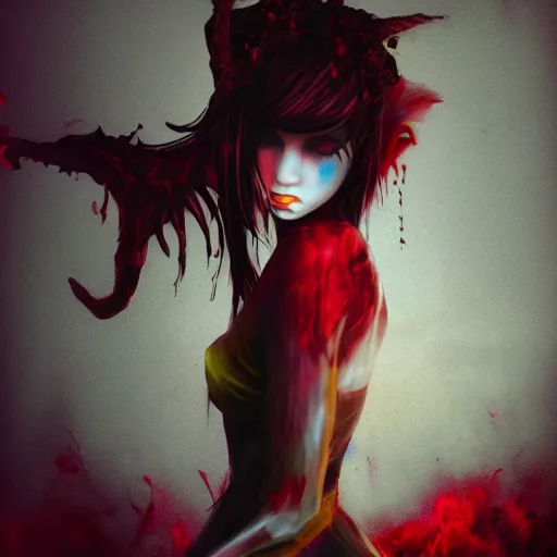 Image similar to high quality photo of a beautiful demon girl .moody and melanchony with accents of yellow and red.
