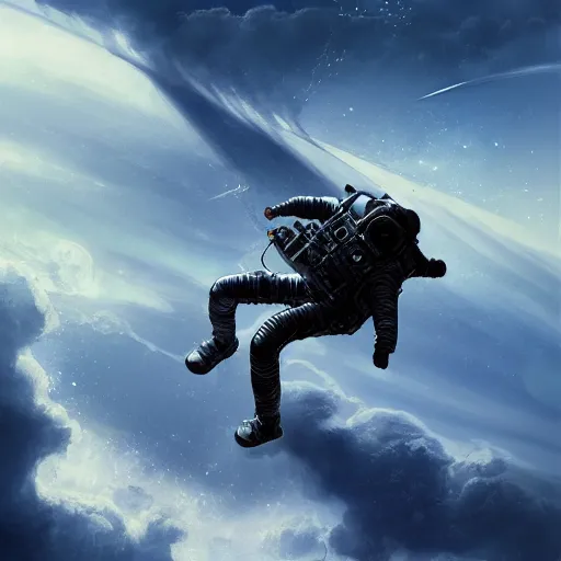 Image similar to astronaut falling through the clouds in jupiter, by cedric peyravernay, highly detailed, excellent composition, cinematic concept art, dramatic lighting, trending on artstation