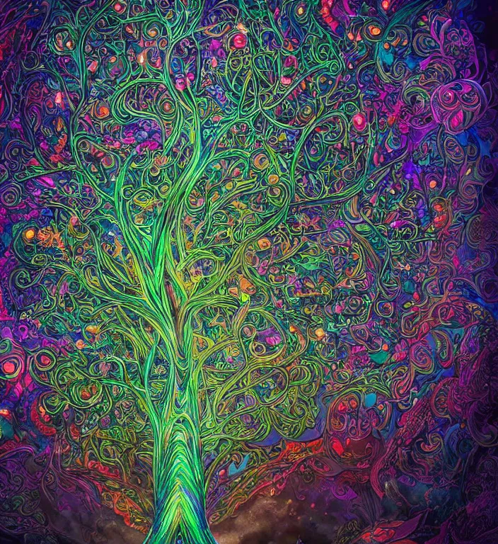 Prompt: stunning psychedelic tree, award winning matte concept art, intricate linework, precious ornate hooded cybernetic emissive gothic colorful dark colorful, clear focus, iridescent baroque crystals, glowing, futuristic, detailed realistic, raytracing colorful gems, black opal, magical colorful, realistic character art, wlop, chebokha, rutkowski, artgerm
