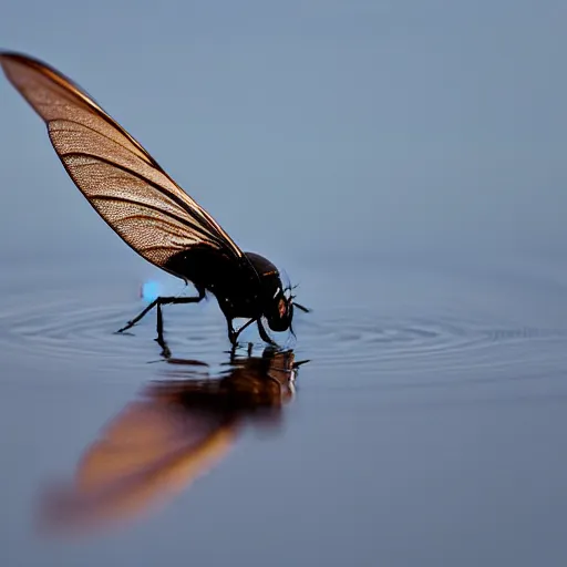 Prompt: housefly landing on water reflection on the surface, national geographic