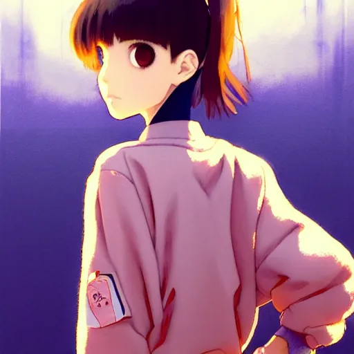 Image similar to a beautiful! boyish! natalie portman alluring gravure! model, wearing oversized mayan bomber jacket and leotard with overalls, bulky poofy bomber jacket with mayan patterns, gapmoe yandere grimdark, trending on pixiv fanbox, painted by greg rutkowski makoto shinkai takashi takeuchi studio ghibli, akihiko yoshida