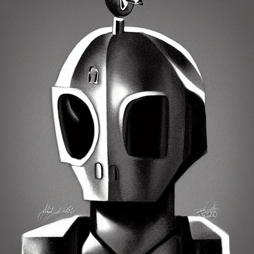 Image similar to portrait of noir robot detective, black and white digital art,