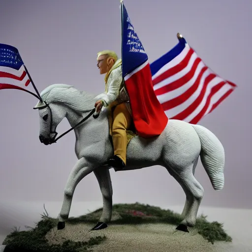 Image similar to Donald Trump riding a white horse, wide lens, diorama, 4k,