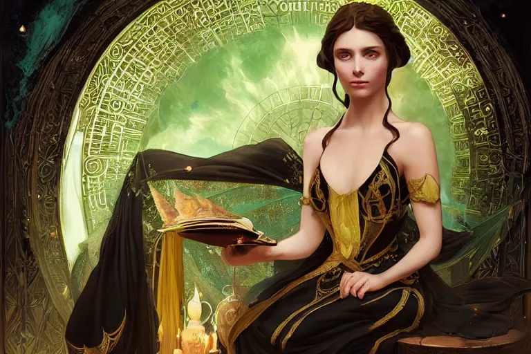 Prompt: a beautiful young dark sorceress wearing a black robe with gold embroidery, sitting at table, casting a spell, green glows, painted by artgerm and tom bagshaw and alphonse mucha, in the style of magic the gathering, highly detailed digital art