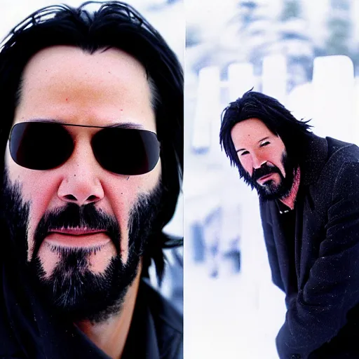 Image similar to portrait photo of keanu reeves on an extremely cold winter day with ice in his beard, by ron haviv, highly detailed, 8 0 mm, kodachrome