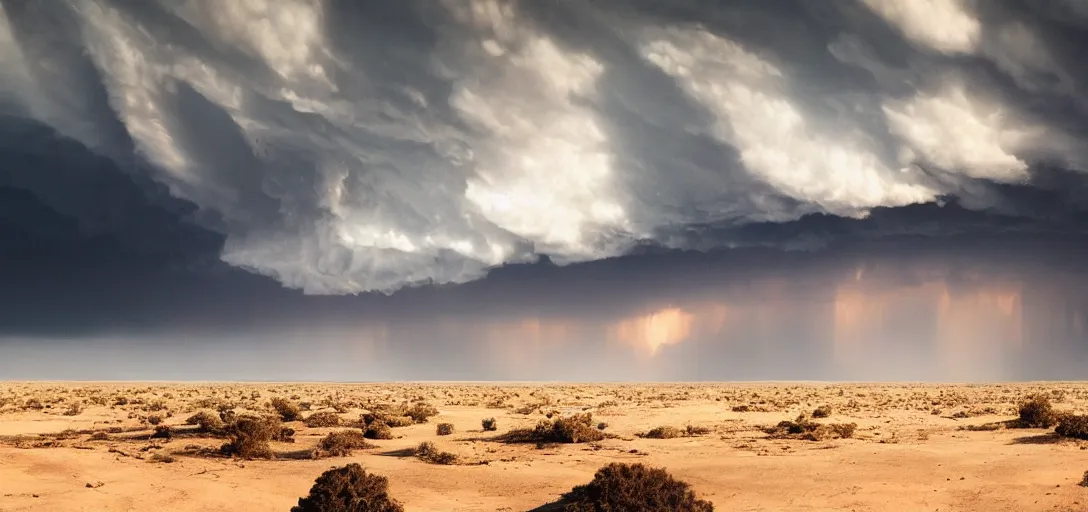 Image similar to a beautiful picture of a dark distant thundercloud in a desert, shelf cloud, intricate detail, impending doom, sunset, serene, volumetric lighting, volumetric clouds, 8 k, hyperrealistic, digital art trending on artstation