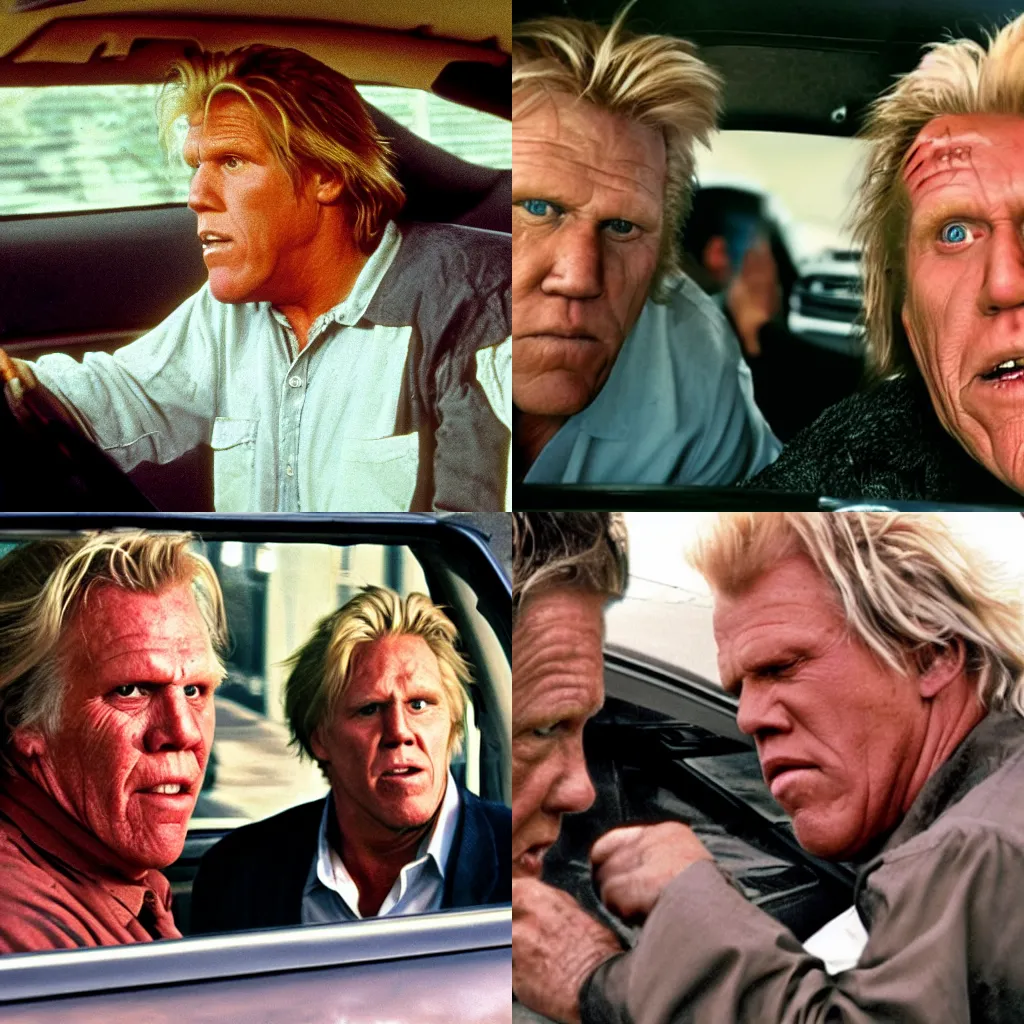 Prompt: Nick Nolte gets in a car crash with Gary Busey, hyper realistic, 4k, award winning photograph, horror movie poster