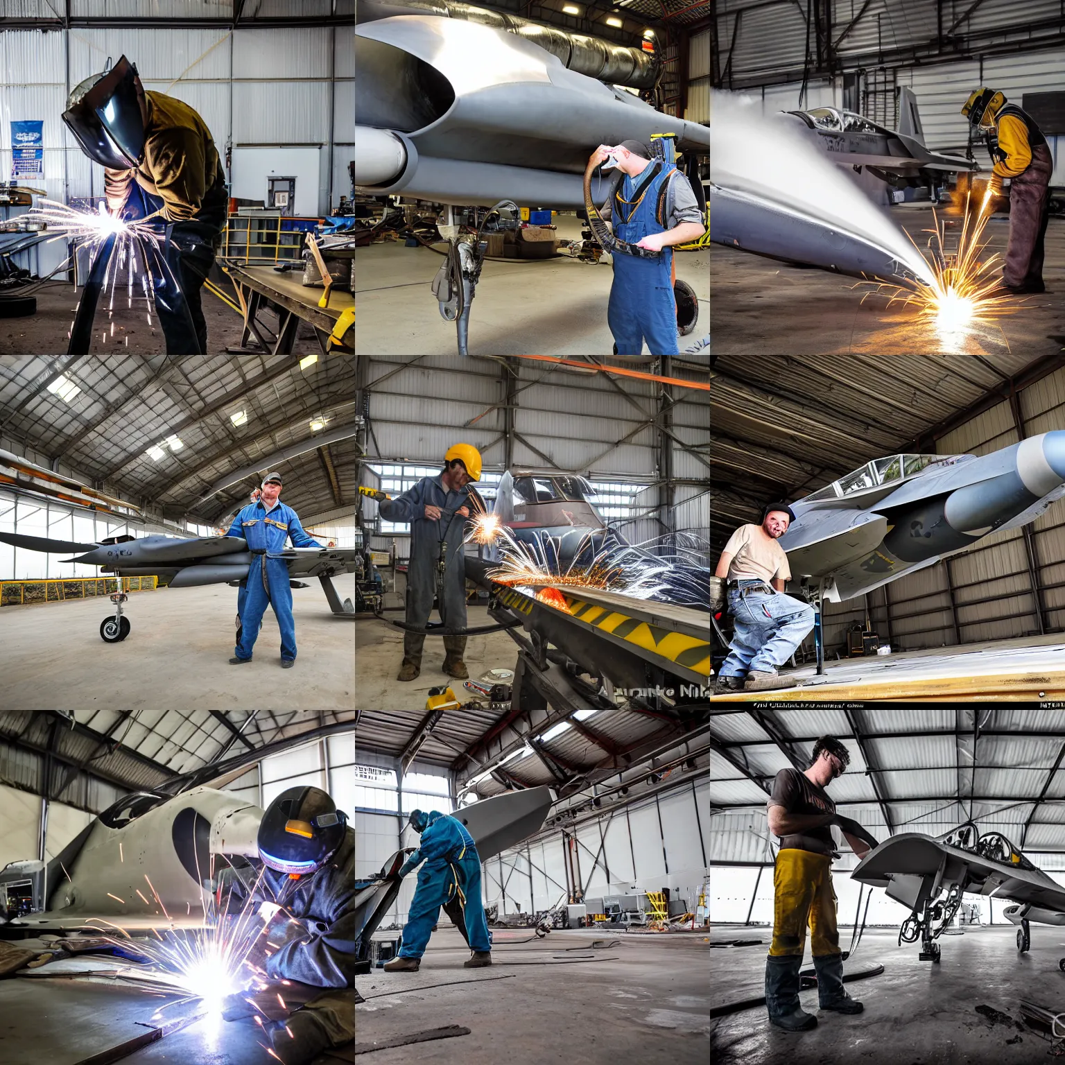 Prompt: man tig welds a fighter jet, cheap, maintenance hangar, photograph, nikon, sunglasses