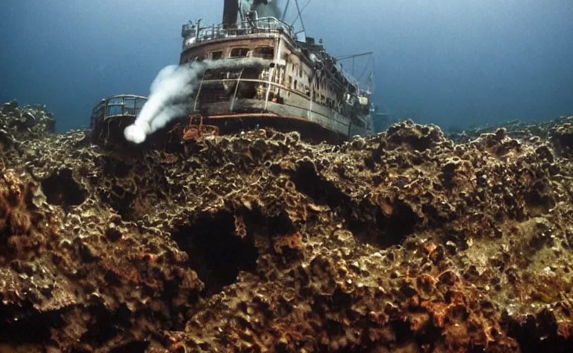 Prompt: cthuhlu at the bottom of the ocean looking up at a small steam ship