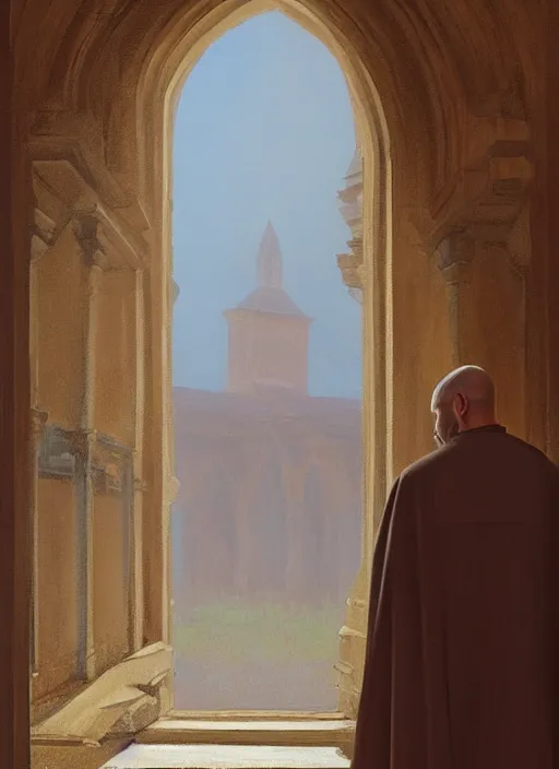 Image similar to symmetry!! oil painting of a tonsured dominican monk in a brown habit, looking out of a monastery window contemplatively, a majestic cathedral in the background, hazy, digital art, artstation, cinematic, golden hour, digital art painting by greg rutkowski, cozy atmosphere, cinematic lighting