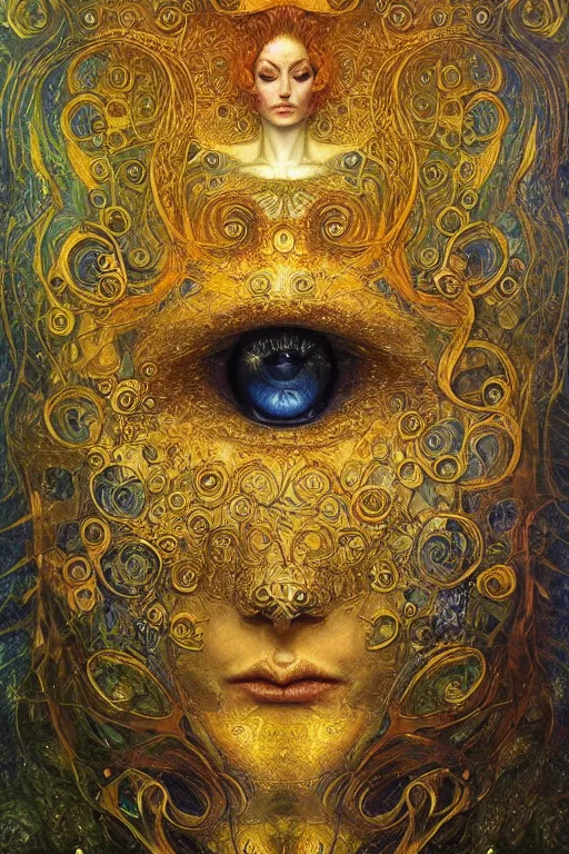 Prompt: Divine Chaos Engine by Karol Bak, Jean Deville, Gustav Klimt, and Vincent Van Gogh, beautiful visionary mystical portrait, sacred, otherworldly, fractal structures, surreal dreamscape, ornate gilded medieval icon, third eye, spirals