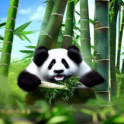 Image similar to cute fluffy panda eating bamboo, high quality 3 d pixar style render, unreal engine, detailed,