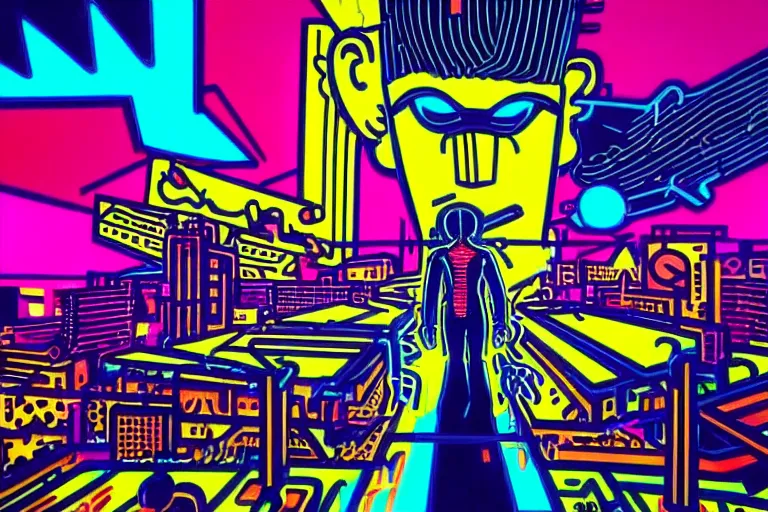 Prompt: pop art of a giant cyberpunk god walking in a city, bright neon colors, intricate details, complementary colors, detailed face, backlighting, octane render, depth of field, extremely detailed, trending in artstation, focus on face, sharp focus, radiant light, beautiful composition, drawn by roy lichtenstein, keith haring, romero britto