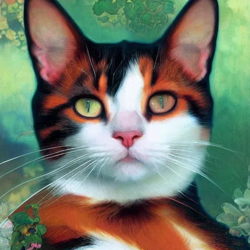 Image similar to painting of a calico cat!!!!!!, calico cat, animal, cat masterpiece, sakimichan!!!!!, Ross Tran, (((Alphonse Mucha)))