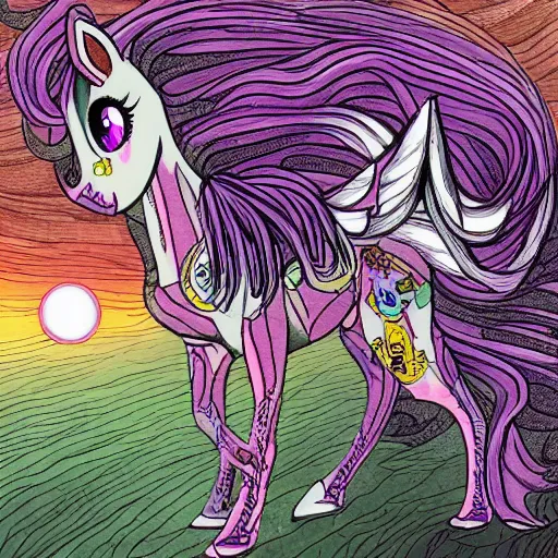 Prompt: detailed illustration of my little pony in the style of h r giger and wayne barlowe and junji ito