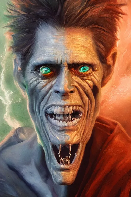 Image similar to a full body high detail fantasy portrait oil painting illustration of willem dafoe with a glowing evil halo of death and disease hell green fire, by justin sweet with face and body clearly visible, insane, realistic proportions, d & d, rpg, forgotten realms, artstation trending, high quality, sombre mood, artstation trending, muted colours, entire person visible!
